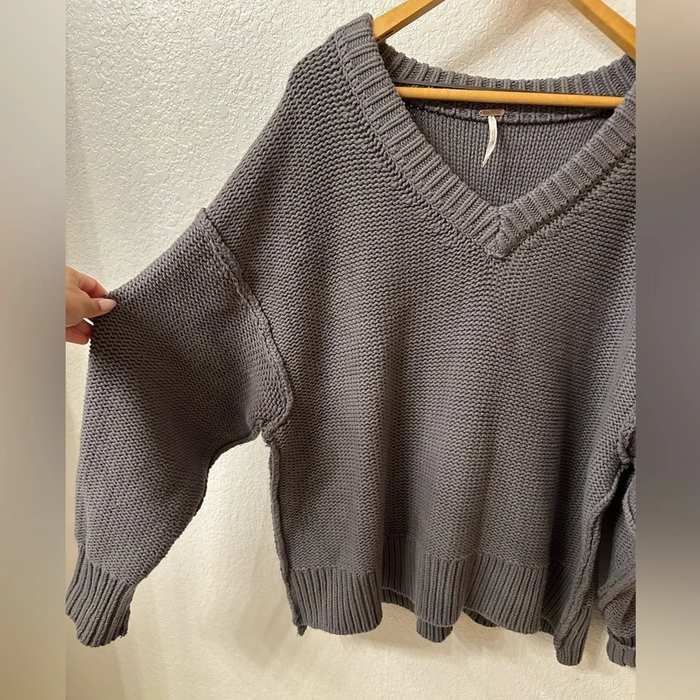 Free People Alli V Neck Knit Sweater Grey XS Oversized